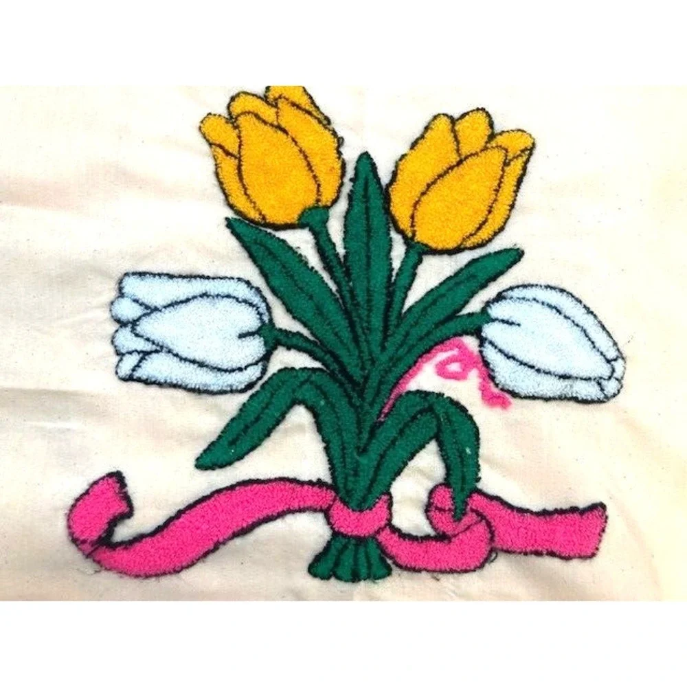 2 Vtg Handmade Pillow Cases Yellow & White Tulips & Pink Bow‎ Loop Puch Stitch